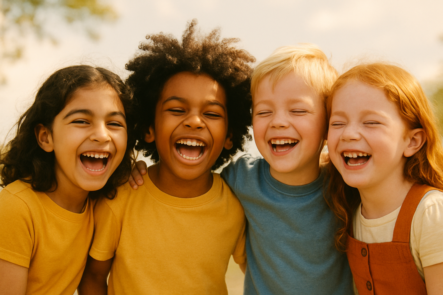 Bright, playful photo of children laughing together outdoors, natural light, minimal editing, warm off-white background tones. Include subtle accents in mustard yellow and dusty blue. Rounded, friendly style, uplifting mood.